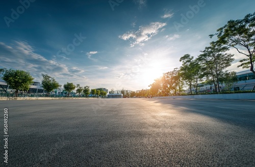 Empty asphalt floor and green garden park landscape background with blue sky and sunlight. Empty car stage for a sport, competition, or event on a summer day. Wide-angle lens, natural lighting. 