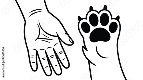Human Hand and Paw Print Reaching Out Together