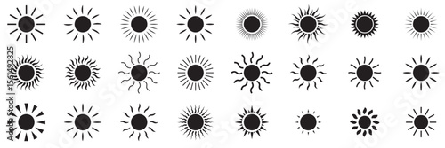  sun icons set, sunshine and solar glow, sunrise or sunset. Decorative circle full and half sun and sunlight.