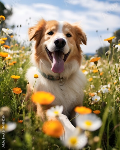 An adorable Australian Shepherd with fluffy red and white fur rests among bright yellow flowers and daisies isummer field. Sunlight highlights its joyful gaze and open mouth with tongue out, conveying