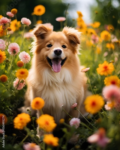 An adorable Australian Shepherd with fluffy red and white fur rests among bright yellow flowers and daisies isummer field. Sunlight highlights its joyful gaze and open mouth with tongue out, conveying
