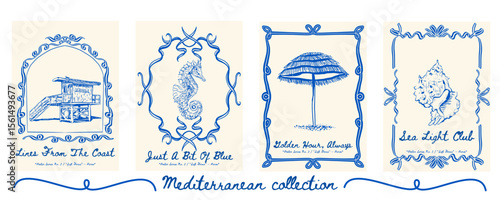 Poster set with lifeguard tower, seahorse, beach umbrella, and shell - playful pastel-toned coastal decor collection