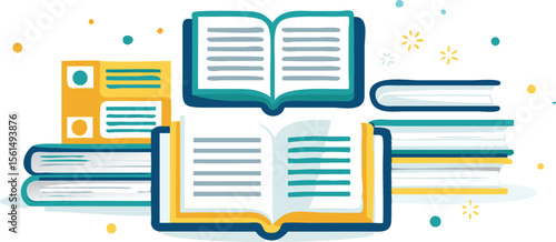 Illustration showing stacks of books with open books and colorful dots scattered around them nicely done
