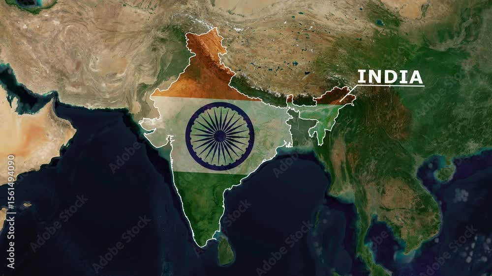 Zoom from Earth to India. (Country Flag) World map animation with highlighted country borders. Satellite 3d world map animation highlights aerial views, tourism, and travel. 4k