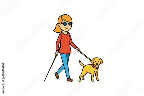 Guiding Light: A visually impaired individual, using a cane and guided by a loyal assistance dog, strides confidently through the landscape, representing independence and the power of companionship.