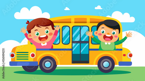 Activity happy early education school young learners Excited kids waving from yellow school