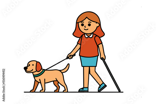 Harmony in Partnership: An illustration depicts a visually impaired woman confidently walking with her guide dog, symbolizing trust and companionship.