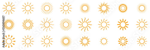 Sun icon set in yellow color on white background. Sun simple icons collection. Yellow sun icon set, sunshine and solar glow, sunrise or sunset. eps 10 