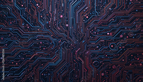An intricate computer motherboard design displaying a complex network of electronic circuitry in red and blue hues against a dark backdrop.