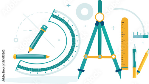 Illustration of drawing tools including a protractor compass rulers and pencils on a white background