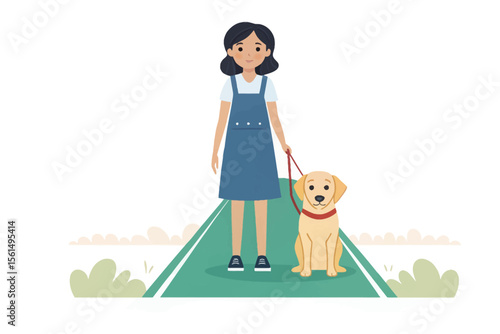 Girl Walking Labrador: A young girl gently holds the leash of a cheerful Labrador Retriever, creating a heartwarming scene of companionship and outdoor leisure.