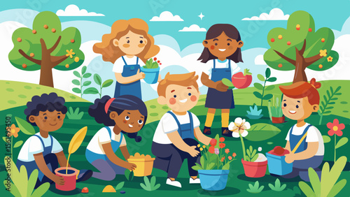 Together children growth teacher academic Students planting flowers trees school