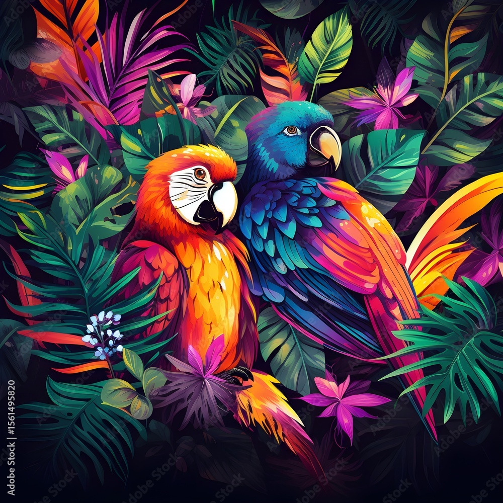 Fototapeta premium Neon Jungle: Neon-colored jungle leaves and animals for a vibrant look