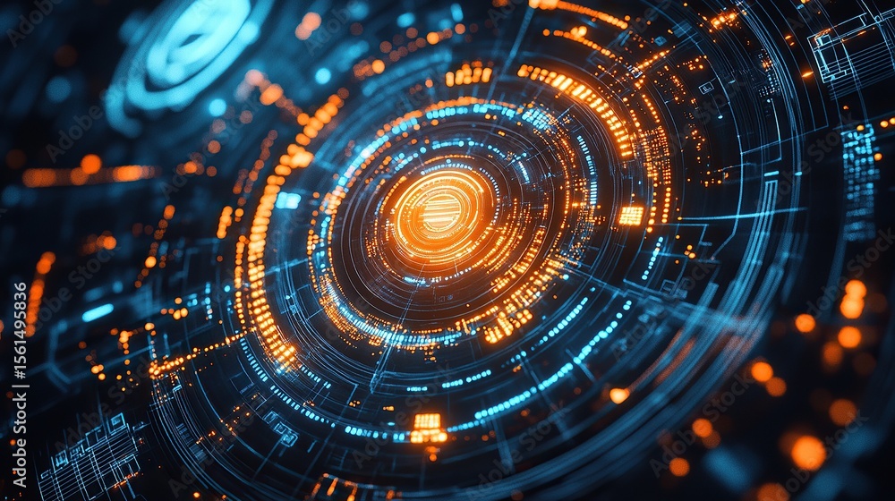 Obraz premium Futuristic Digital Core with Blue and Orange Circuitry Lights