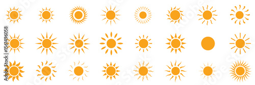 Sun vector set  yellow color . Sun simple icons collection. Yellow sun icon set, sunshine and solar glow . Vector illustration isolated on white background.  