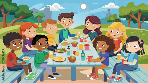 Young learners education learning kids classmates Diverse children eating lunch together outdo