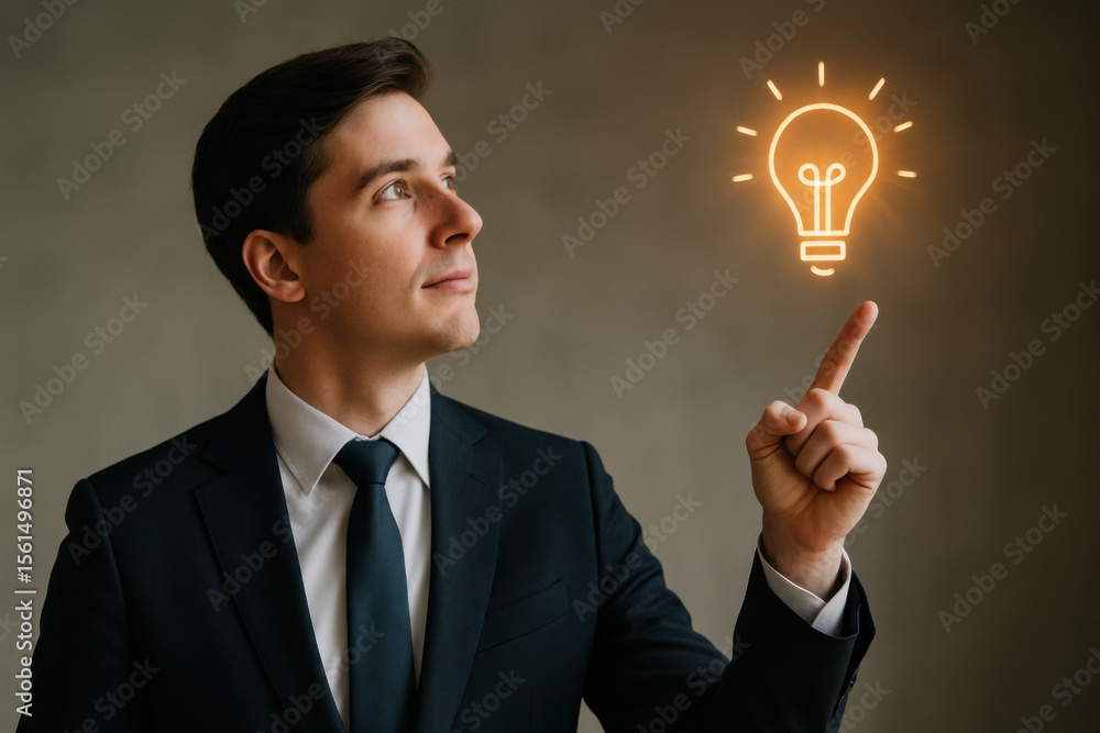 Businessman in suit points upward, symbolizing moment of inspiration with glowing light bulb above his finger. This captures essence of creativity and innovative thinking Businessman in suit points upward, symbolizing moment of inspiration with glowing light bulb above his finger. This captures essence of creativity and innovative thinking
