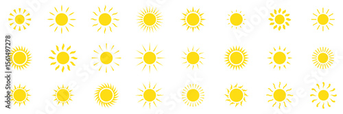 Sun icon set in yellow color on white background. Sun simple icons collection. Yellow sun icon set, sunshine and solar glow, sunrise or sunset. eps 10 