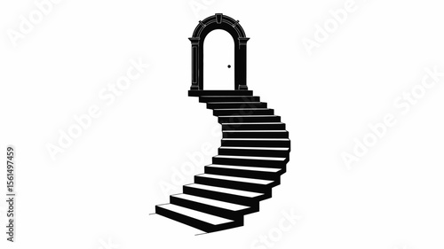 Black silhouette of a curved staircase leading to an arched doorway and door