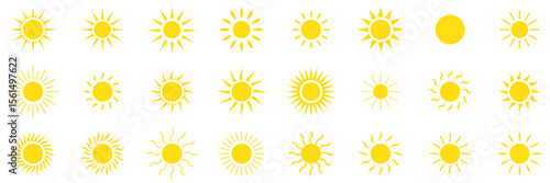 Sun icon set in yellow color on white background. Sun simple icons collection. Yellow sun icon set, sunshine and solar glow, sunrise or sunset. eps 10 