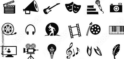 Black and White Icon Set Film Music Art Theater Photography Clapperboard Headphones