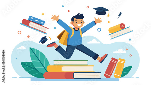Young learners together happy drawing supplies Excited student jumping with stack books