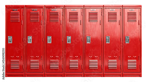 Row of red metal school lockers isolated on transparent background