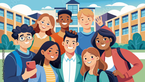 Knowledge academic playground reading playful Group selfie diverse students school