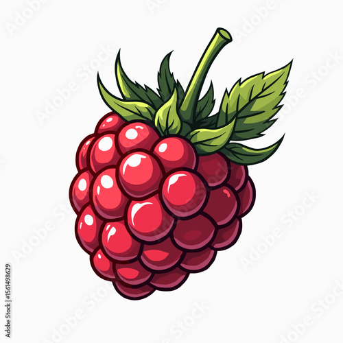 Illustration of a Ripe Red Raspberry with Green Leaves and Stem on a White Background