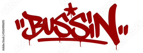 "Bussin" red graffiti tag with street flair and transparent background. Popular slang for delicious or amazing, perfect for trendy urban designs.