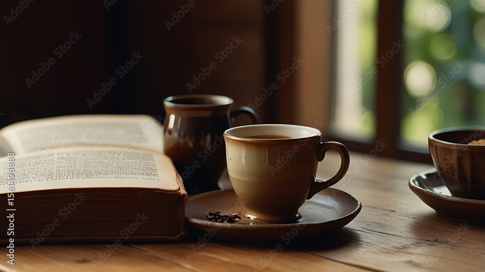 Fototapeta premium Vintage Coffee Mug Beside an Open Book on Wooden Table
