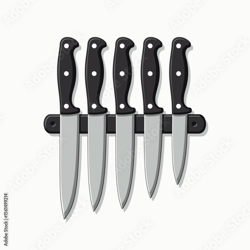 Collection of Sharp Kitchen Knives Hanging on a Magnetic Rack Illustration