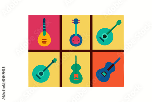 A colorful collection of flat design stringed musical instruments