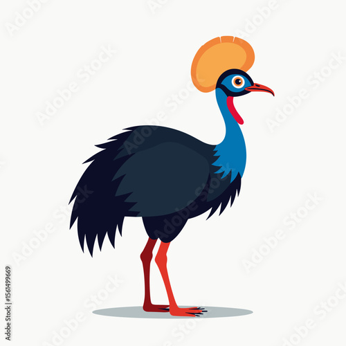 Cartoon Illustration of a Cassowary Bird with Blue Feathers and Orange Crown Isolated on White Background