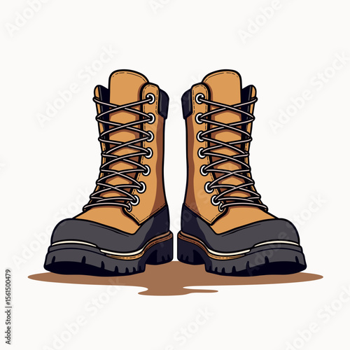 Illustration of Two Brown Leather Work Boots with Laces, Suitable for Hiking and Outdoor Activities