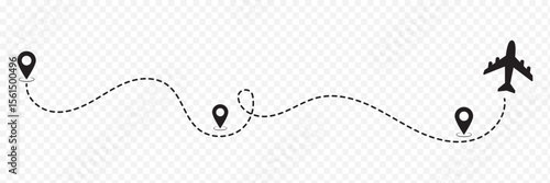 Airplane line path route travel vector concept. Plane routes dotted paths aircraft travel route start point flight destination black airplane. 