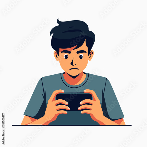 Cartoon Man Concentrating on Mobile Game, Holding Smartphone with Both Hands, Illustration