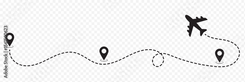 Airplane line path route travel vector concept. Plane routes dotted paths aircraft travel route start point flight destination black airplane. 