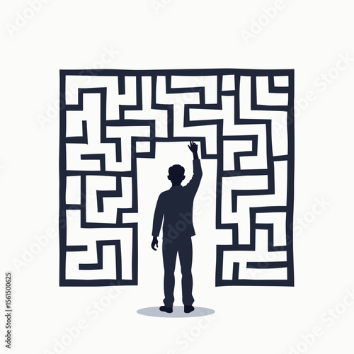 Silhouette of a Man Reaching for the Exit of a Complex Maze, Problem Solving Concept