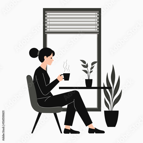 Woman Sitting by Window with Coffee and Plants, Minimalist Vector Illustration