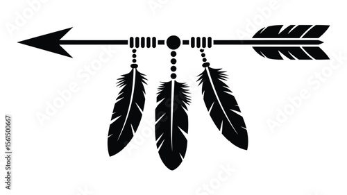 Tribal arrow with three hanging feathers and beads decorative element