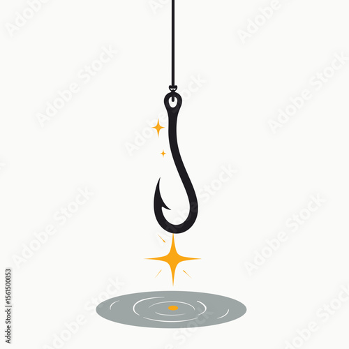 Minimalist Fishing Hook with Sparkling Lure Above Water Illustration for Catching Fish