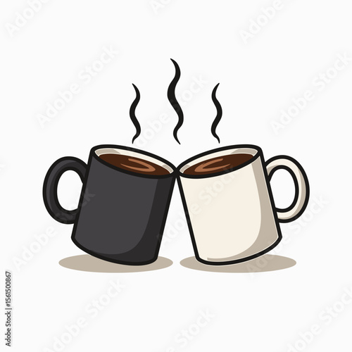 Two Cartoon Coffee Mugs Clinking Together with Steam Rising, Celebrating a Toast or Collaboration