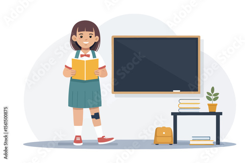 Schoolgirl Reading Book: A young schoolgirl stands in her classroom, engrossed in a captivating book. The scene captures the essence of education. 