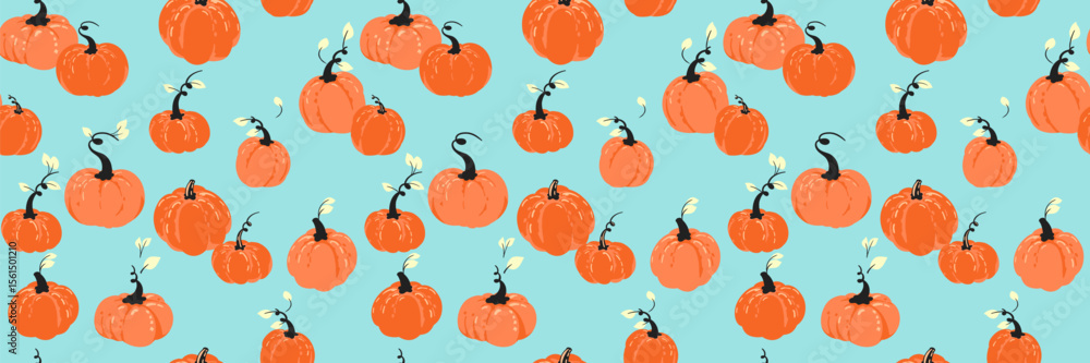Seamless vector pattern with playful orange pumpkins and decorative leaves on a vivid blue background. Template for autumn, Thanksgiving, fall wrapping paper, and seasonal textile design Seamless vector pattern with playful orange pumpkins and decorative leaves on a vivid blue background. Template for autumn, Thanksgiving, fall wrapping paper, and seasonal textile design