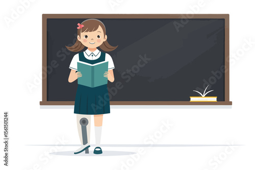 Education & Determination: A young girl with a prosthetic leg stands confidently, engrossed in a book with the backdrop of a chalkboard, exemplifying resilience, learning and the power of education.