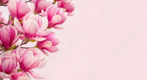 Pink magnolia blossoms on a soft pink background showcasing delicate petals and springtime beauty perfect for floral greeting cards