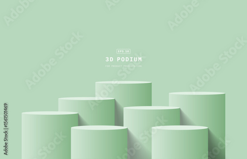 Empty green room with set of seven steps 3D cylinder podium pedestal or product display stand. 3D vector geometric platform design. Minimal wall scene for mockup. Stage for product presentation