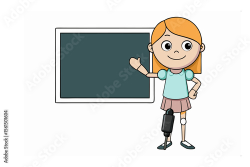 Girl with Prosthetic and Blackboard: An inspiring illustration of a smiling girl with a prosthetic leg standing next to a chalkboard. It's a symbol of determination and resilience. 