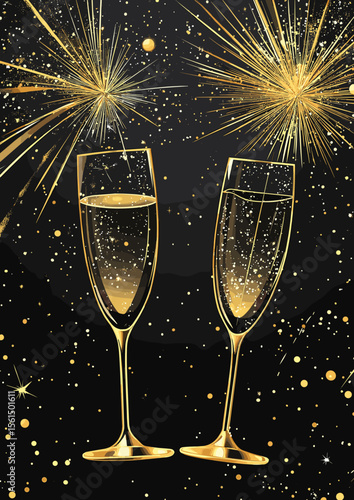 Champagne glasses celebrating with fireworks in festive night background  